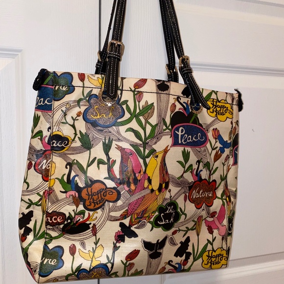 Sakroots Coated Canvas Peace/Bird Multicolored Floral Print Tote Bag, Sz M - Picture 1 of 6